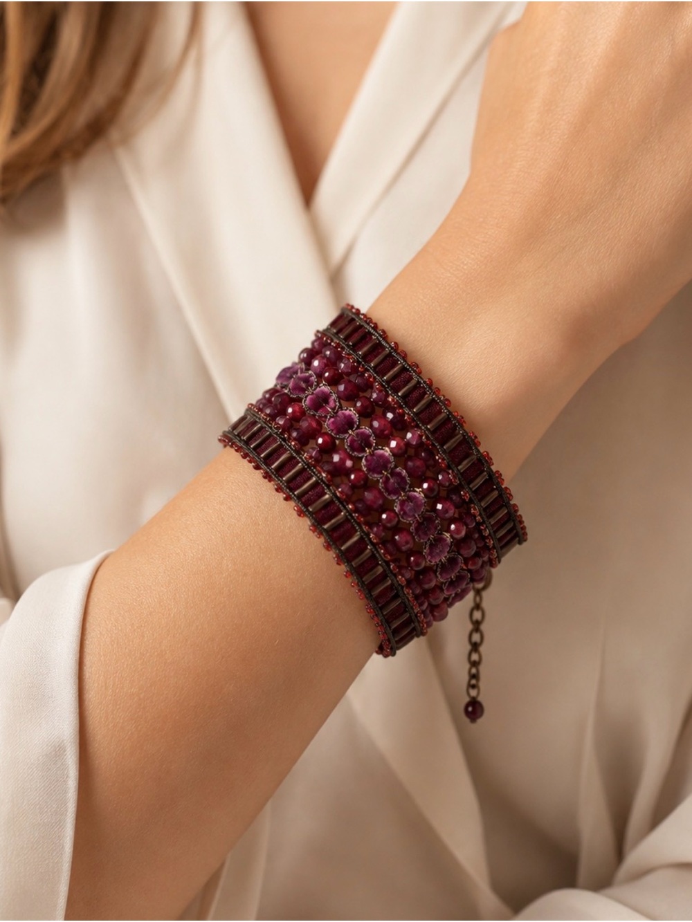 Burgundy Beaded Wide Cuff Bracelet Boho Statement Jewelry